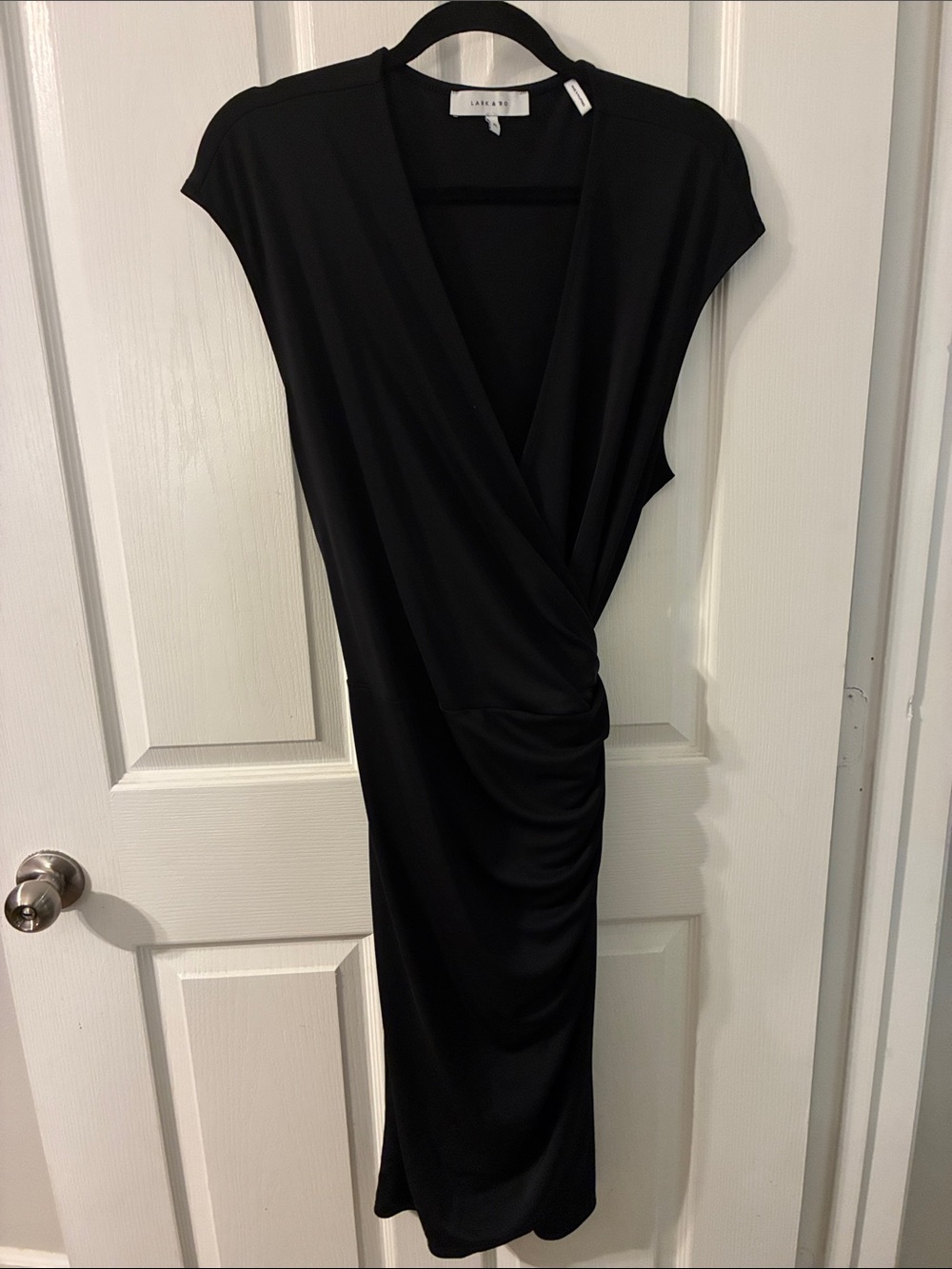 Lark & Ro Black Faux-Wrap Midi Dress with Ruching